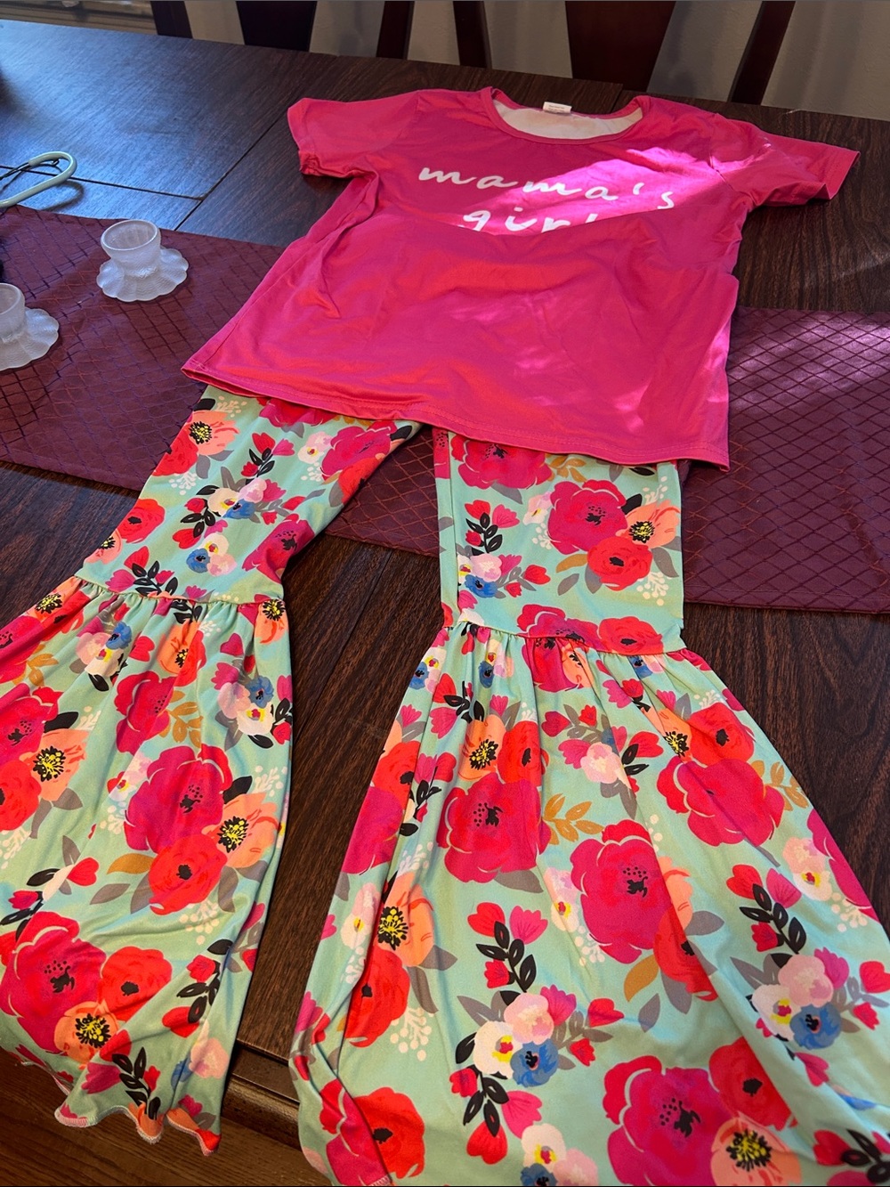 Girls Bright Pink 'Mama's Girl' Top with Floral Bell-Bottom Leggings.